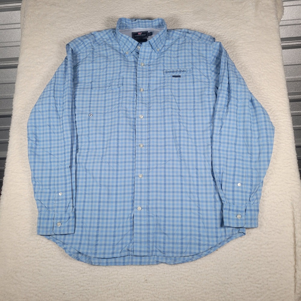 Vineyard Vines Harbor Shirt Mens Large Blue Gingham Performance Fishing 1W1355